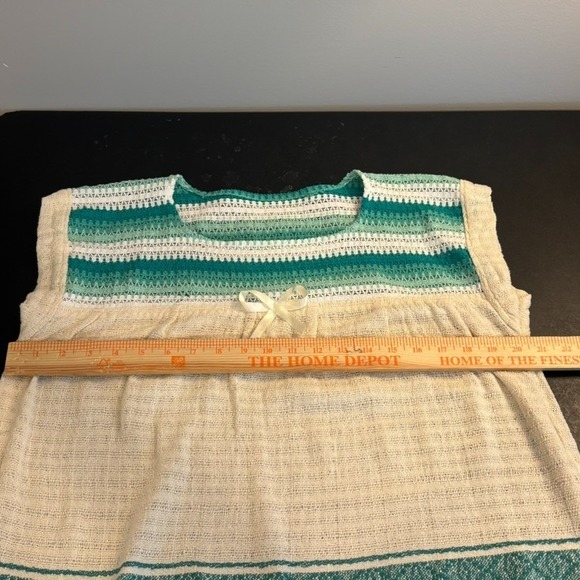 Womens Handmade Teal‎ Beige Crochet Woven Fringe Cap Sleeve Hippie Peasant Top M - Picture 5 of 7